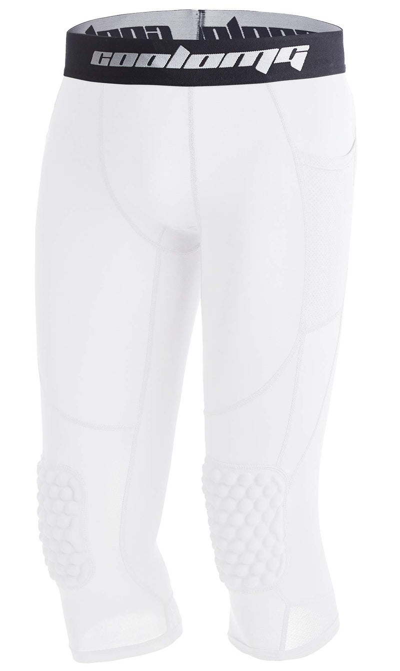 COOLOMG Basketball Pants with Knee Pads Kids 3/4 Compression Tights White M - Image 1